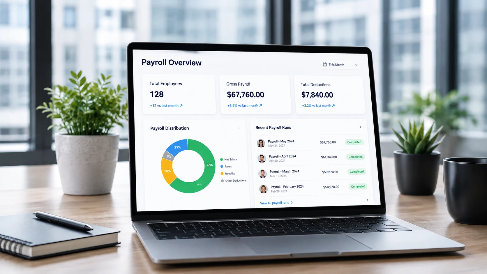 A payroll overview dashboard on a laptop