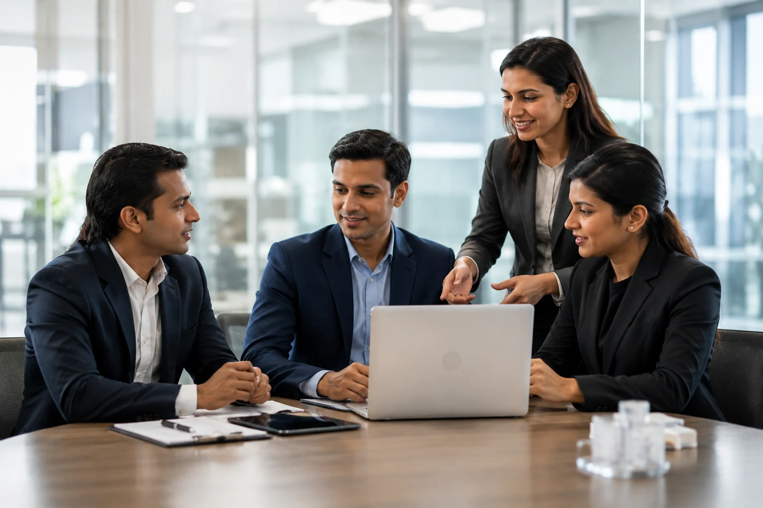 A full-time team collaborating in the office